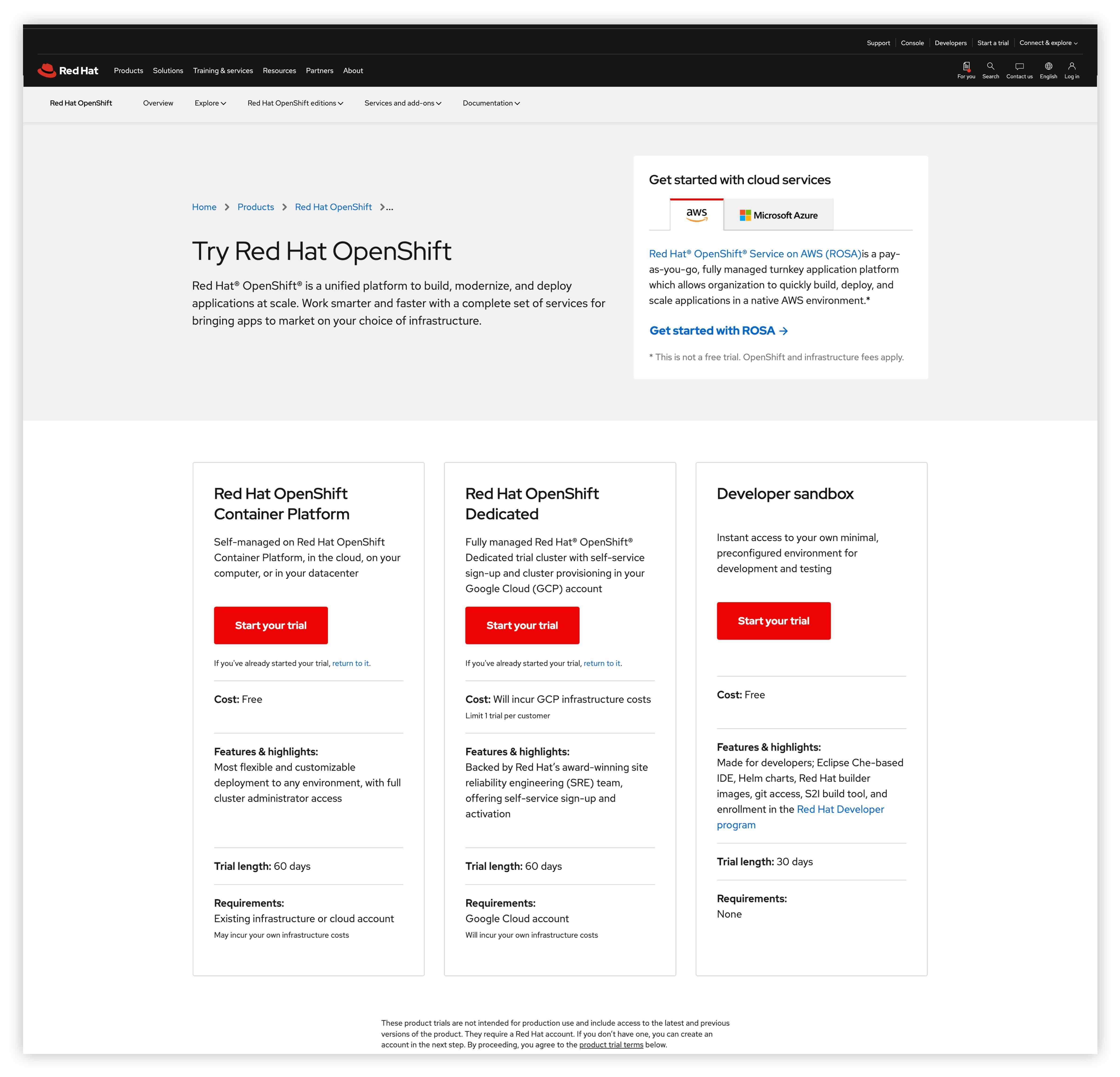 Red Hat OpenShift trial page